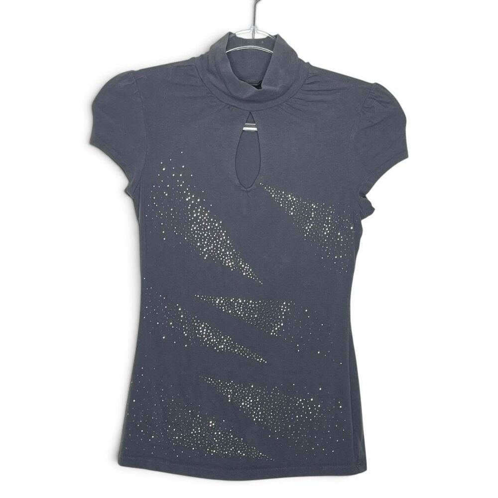 Express Gray Mock Neck Cap Sleeve Keyhole Short Sleeve Top Bejeweled Women’s XS